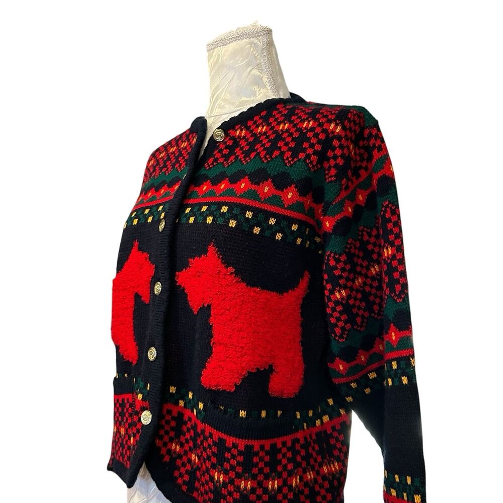 Vintage 80s Dog Fair Isle Cardigan Navy Red Gold Buttons Novelty Knit L - Picture 13 of 14